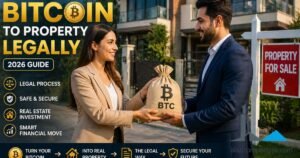 How to convert Bitcoin to property legally – man receiving BTC bag from woman near a house for sale, crypto real estate investment concept 2026