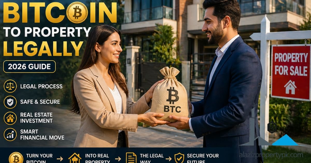How to convert Bitcoin to property legally – man receiving BTC bag from woman near a house for sale, crypto real estate investment concept 2026