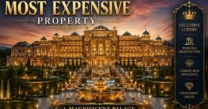 **Alt Text:** "Grand luxury palace illuminated at sunset with golden lights, featuring ornate classical architecture, domes, cascading fountains, manicured gardens, and elegant typography reading 'The World's Most Expensive Property: A Magnificent Palace and Its Story.' The scene conveys wealth, exclusivity, and historic grandeur."
