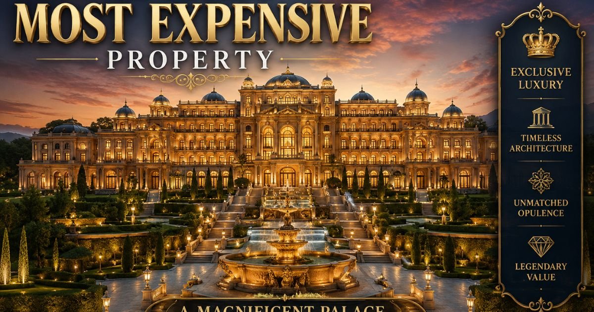 **Alt Text:** "Grand luxury palace illuminated at sunset with golden lights, featuring ornate classical architecture, domes, cascading fountains, manicured gardens, and elegant typography reading 'The World's Most Expensive Property: A Magnificent Palace and Its Story.' The scene conveys wealth, exclusivity, and historic grandeur."