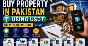 Alt text: “Feature image showing a modern luxury house in Pakistan, a smartphone displaying USDT payment confirmation, and bold text reading ‘How to Buy Property in Pakistan Using USDT – Step-by-Step Guide 2026.’ The design includes crypto payment icons, legal document illustrations, and branding for alazizpropertypk.com with a blue, green, and gold color theme.”