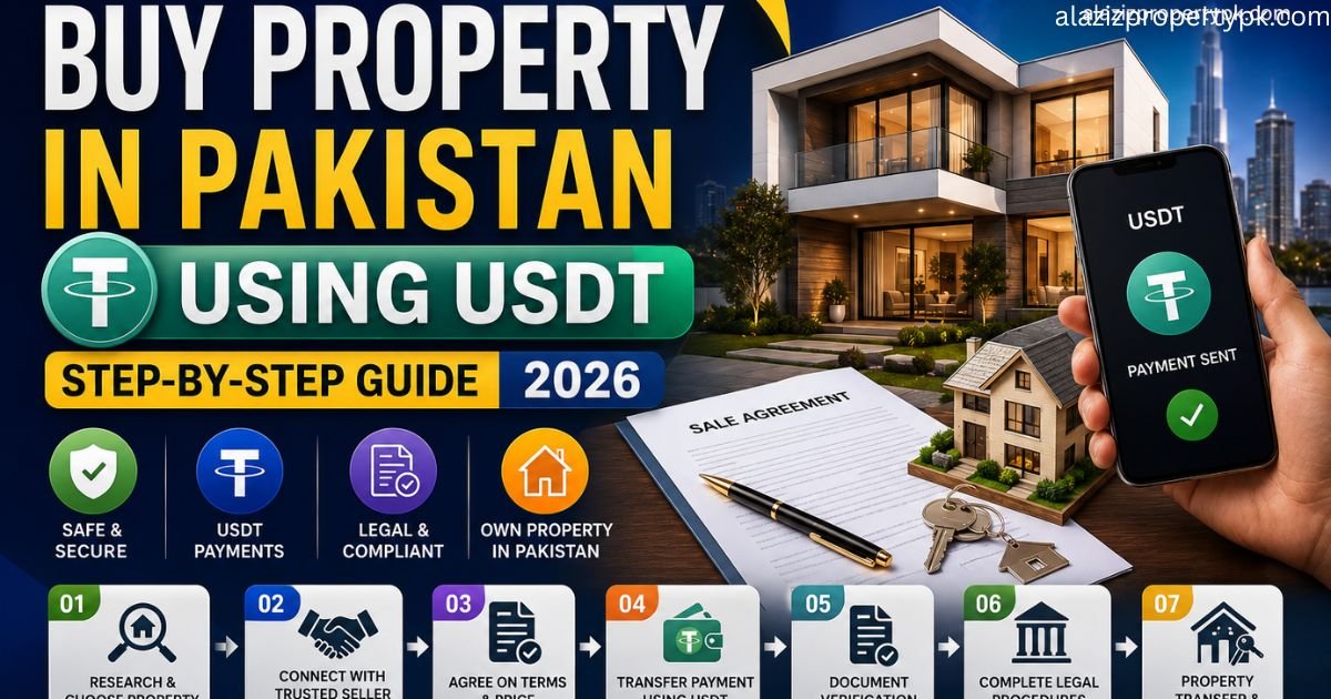 Alt text: “Feature image showing a modern luxury house in Pakistan, a smartphone displaying USDT payment confirmation, and bold text reading ‘How to Buy Property in Pakistan Using USDT – Step-by-Step Guide 2026.’ The design includes crypto payment icons, legal document illustrations, and branding for alazizpropertypk.com with a blue, green, and gold color theme.”