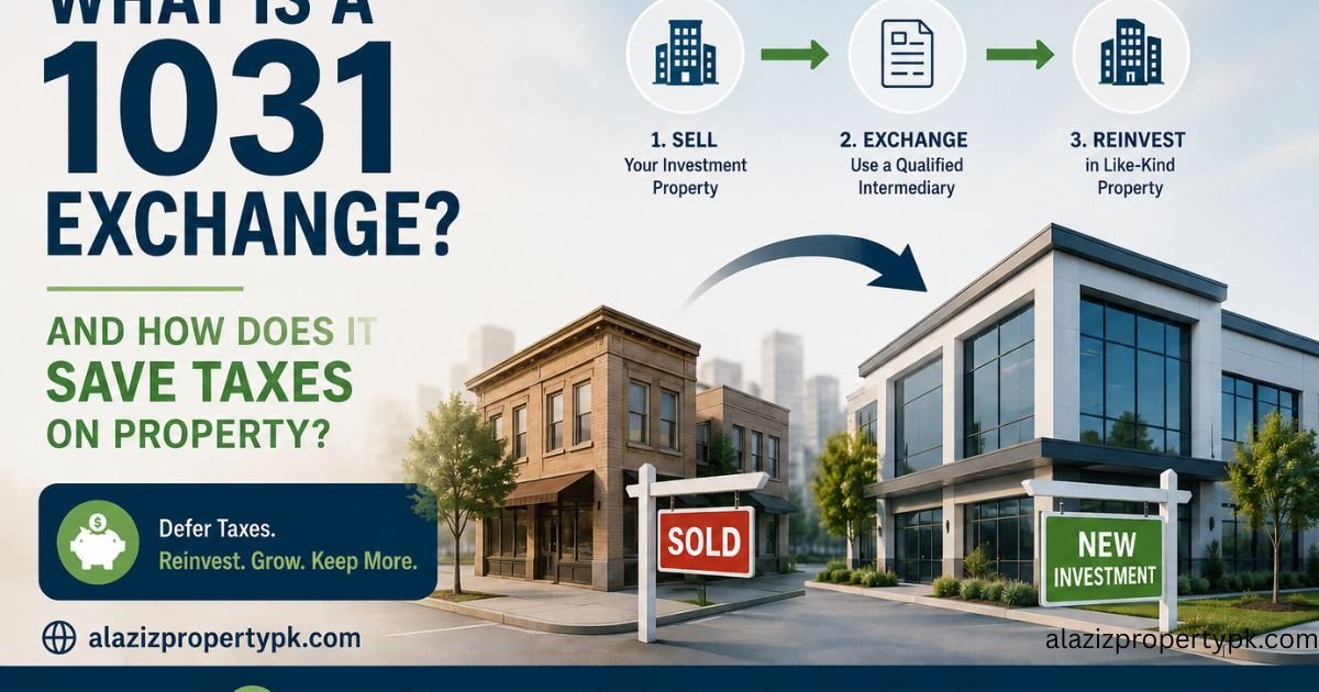 **Alt Text:** Infographic explaining a real-world 1031 Exchange example involving Kamran, a Pakistani-American software engineer in Houston. The graphic compares a duplex purchased for $250,000 in 2018 and valued at $410,000 in 2025 with a larger four-unit apartment building worth $520,000. It illustrates how a $160,000 gain could trigger $24,000–$32,000 in federal taxes under a normal sale. A step-by-step timeline shows the 1031 Exchange process: selling the duplex, transferring proceeds to a Qualified Intermediary, identifying a replacement property within 45 days, and completing the purchase within 180 days. The infographic highlights that Kamran deferred capital gains taxes and reinvested the full $410,000 into a larger income-producing property. The design includes property photos, financial figures, process icons, and the website alazizpropertypk.com.